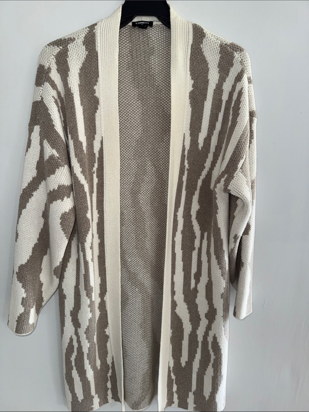 Express Open-Front Cream and Taupe Patterned Knit Cardigan